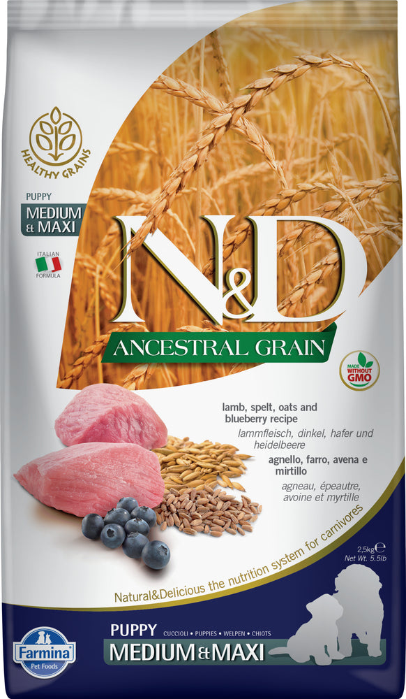 Farmina N&D Ancestral Grains Dog Dry Food Lamb & Blueberry Puppy Medium