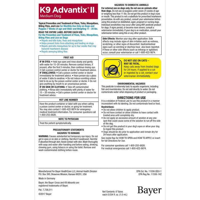K9 Advantix II Topical Flea & Tick Treatment, Medium Dog (11lb-20lb), 4pk
