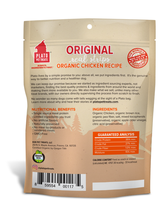 Plato Original Real Strips Dog Treats Organic Chicken Recipe