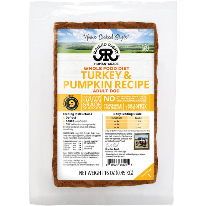 Raised Right Dog Gently Cooked Frozen Food Turkey & Pumpkin