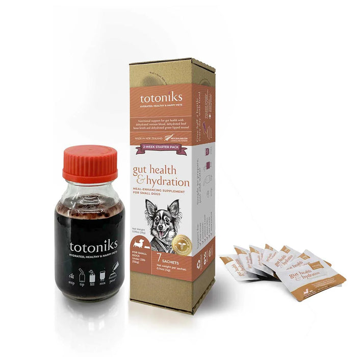 Totoniks Natural Food Topper Gut Health & Hydration Small Dog Starter Pack 7 sachets + bottle