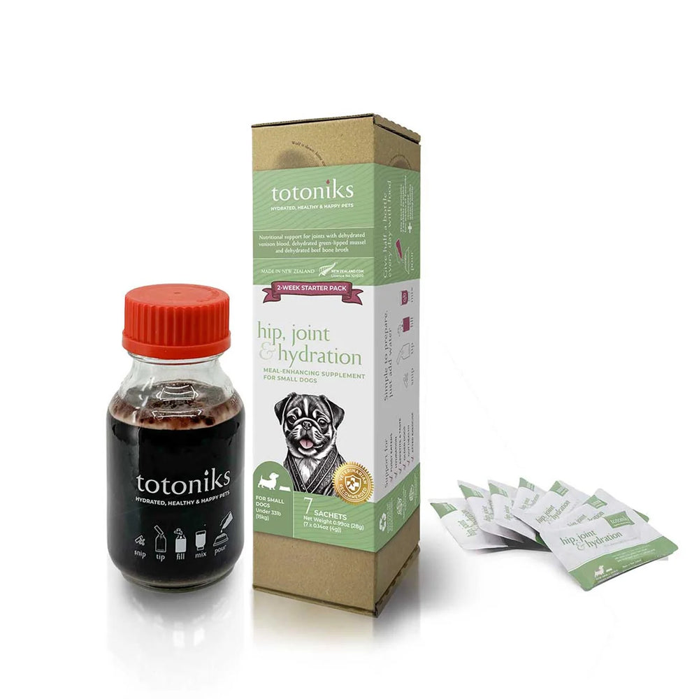 Totoniks Natural Food Topper Hip, Joint & Hydration Small Dog Starter Pack 7 sachets + bottle