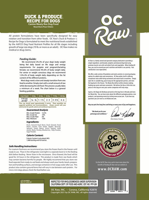 OC Raw Patties Frozen Dog Food Duck & Produce 18lb Bulk