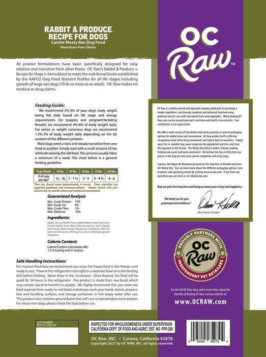 OC Raw Patties Frozen Dog Food Rabbit & Produce 18lb Bulk