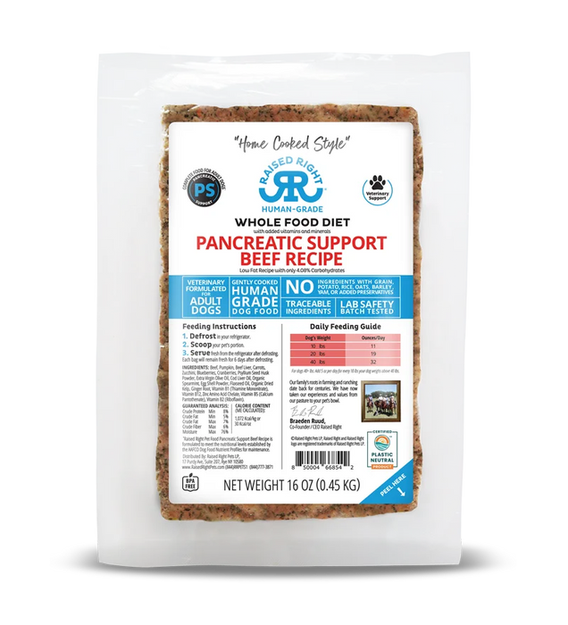 Raised Right Dog Gently Cooked Frozen Food Pancreatic Support Beef, 1lb