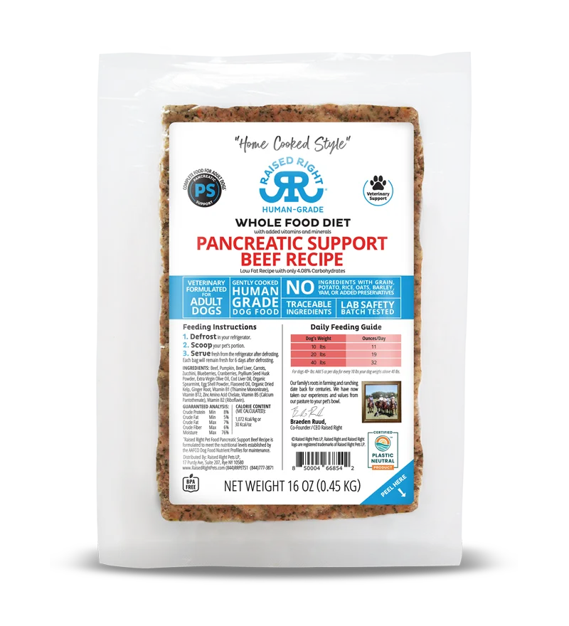 Raised Right Dog Gently Cooked Frozen Food Pancreatic Support Beef, 1lb
