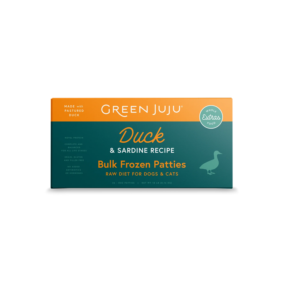 Green Juju Dog Frozen Raw Food Duck & Sardine, 18lb Patties Bulk