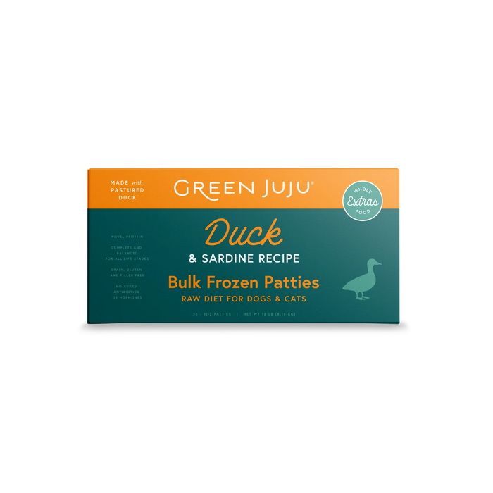 Green Juju Dog Frozen Raw Food Duck & Sardine, 18lb Patties Bulk