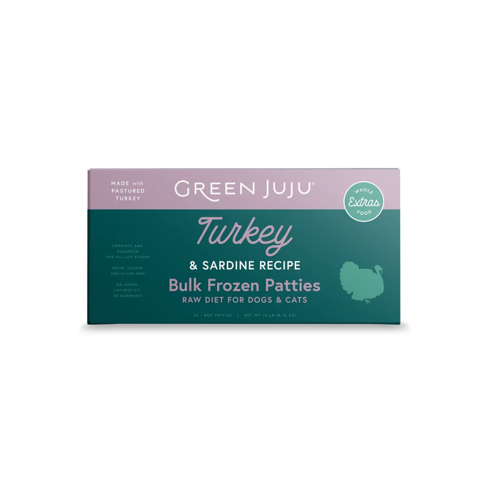 Green Juju Dog Frozen Raw Food Turkey & Sardine, 18lb Patties Bulk
