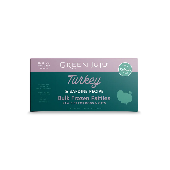 Green Juju Dog Frozen Raw Food Turkey & Sardine, 18lb Patties Bulk
