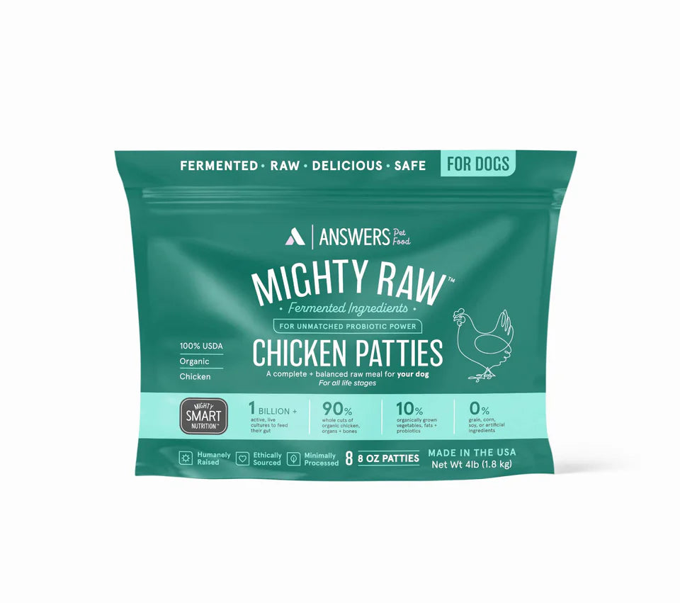 Answers Mighty Raw Frozen Dog Food Chicken Patties