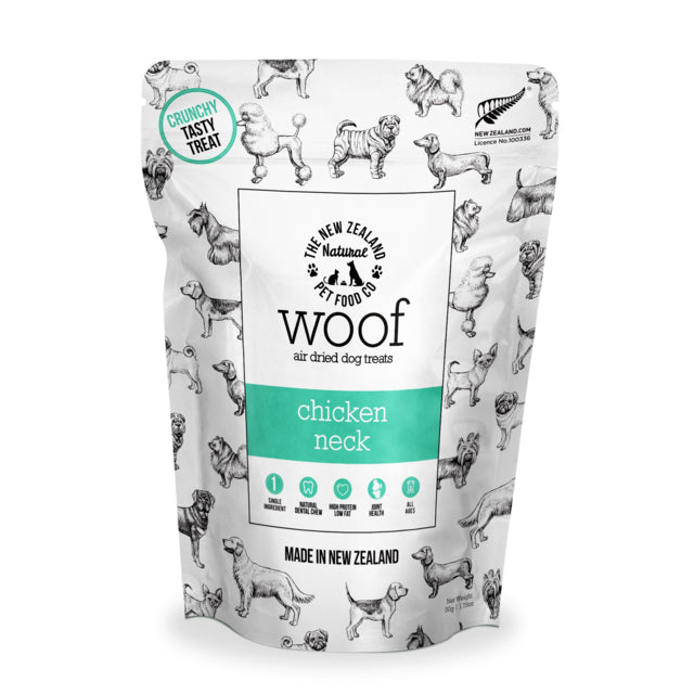 New Zealand Natural Pet Food Company Woof Air Dried Dog Treat Chicken Neck