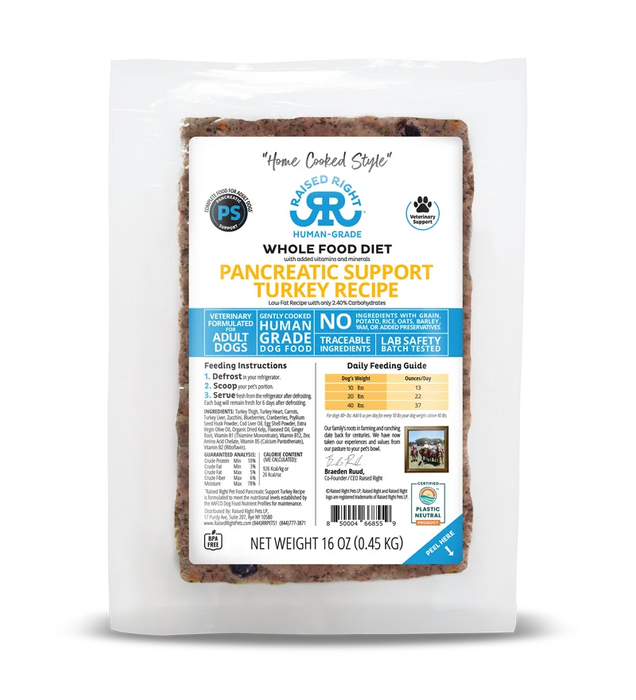 Raised Right Dog Gently Cooked Frozen Food Pancreatic Support Turkey, 1lb