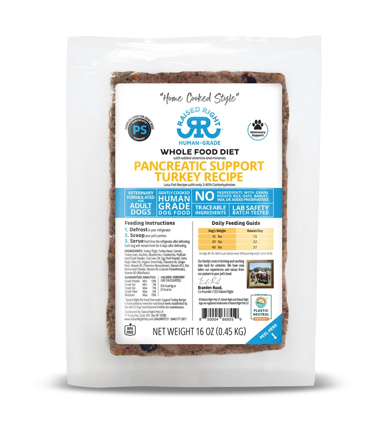 Raised Right Dog Gently Cooked Frozen Food Pancreatic Support Turkey, 1lb