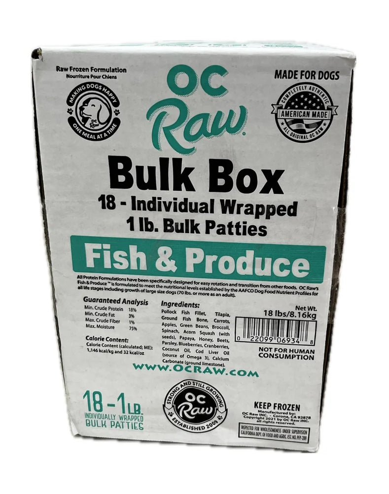 OC Raw Patties Frozen Dog Food Fish & Produce 18lb Bulk