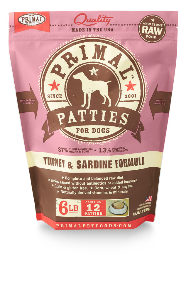 Primal Dog Frozen Raw Food Patties Turkey & Sardines