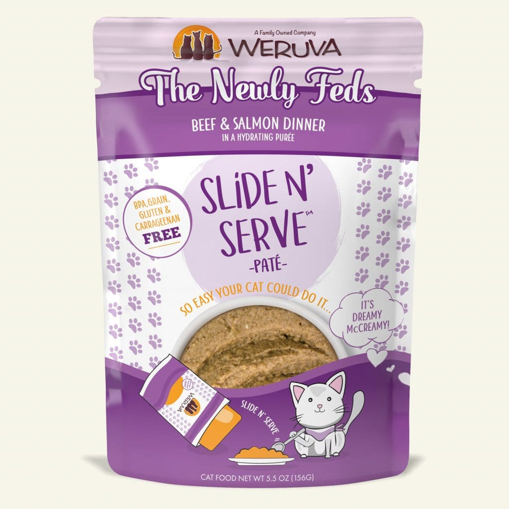Weruva Slide N Serve Pate Grain Free Cat Wet Food Newly Feds Beef & Salmon Dinner Pouch